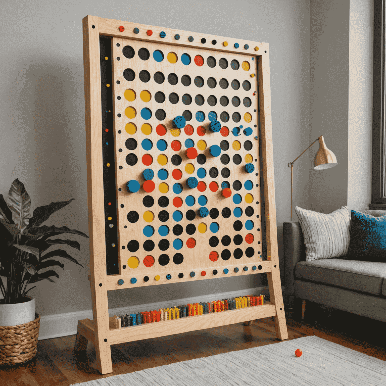 A completed DIY Plinko board with colorful pegs and a ball in mid-descent, set up in a living room