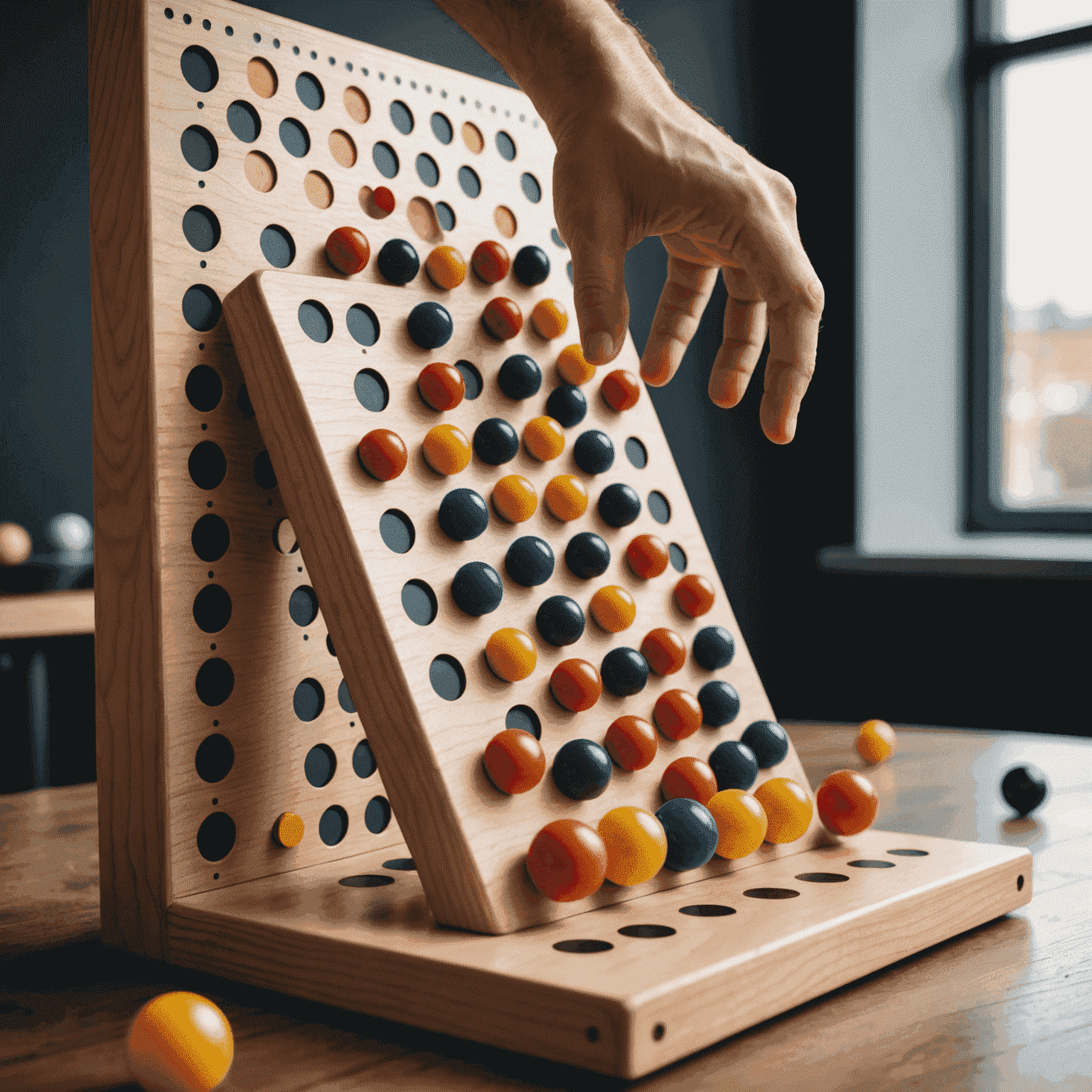 A Plinko board with multiple pegs and a player's hand dropping a ball from the top, illustrating strategic ball placement