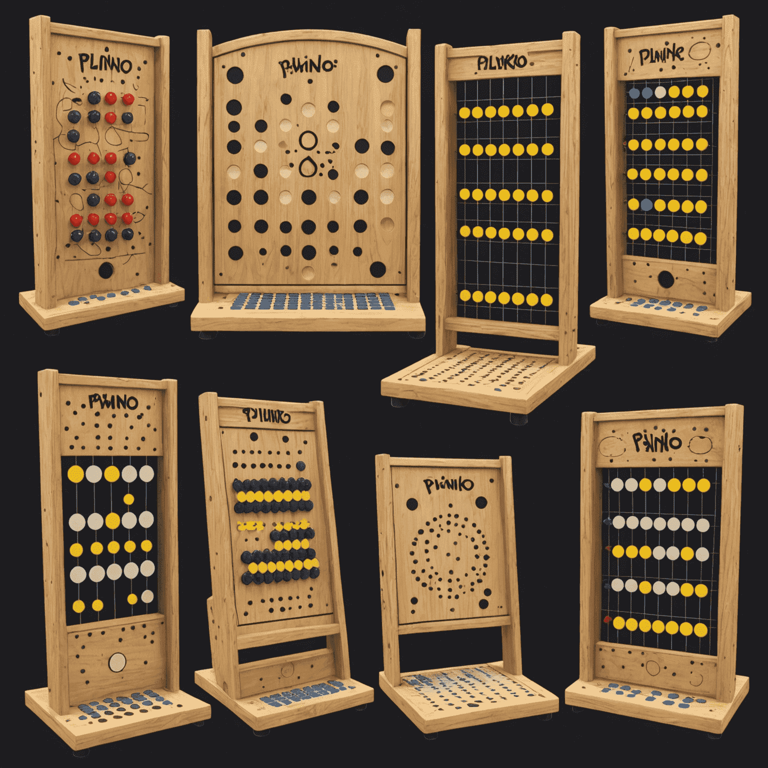 Various Plinko boards with different layouts and obstacles, showcasing game variations