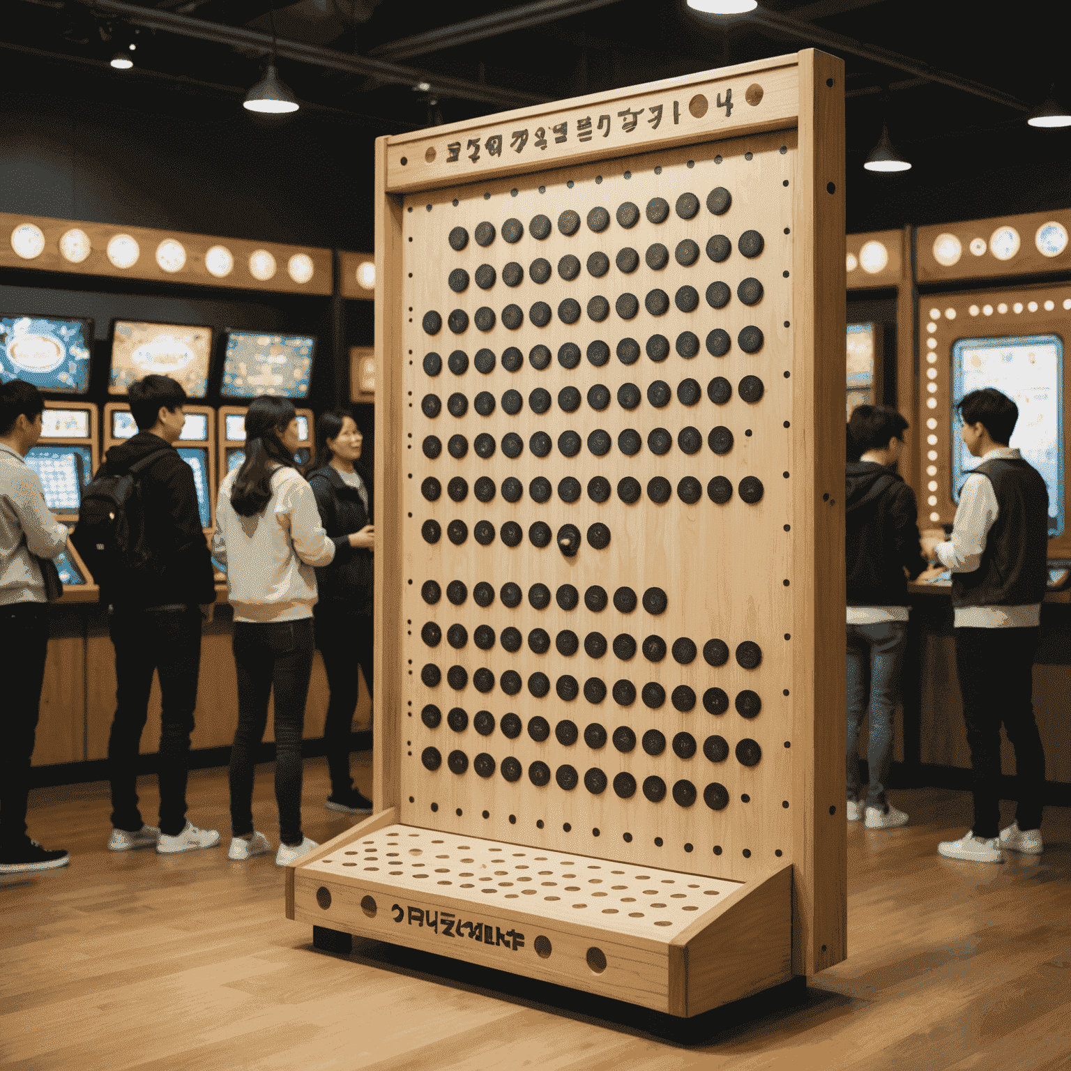 A large Plinko board set up in a bustling South Korean game center, with excited players and onlookers gathered around