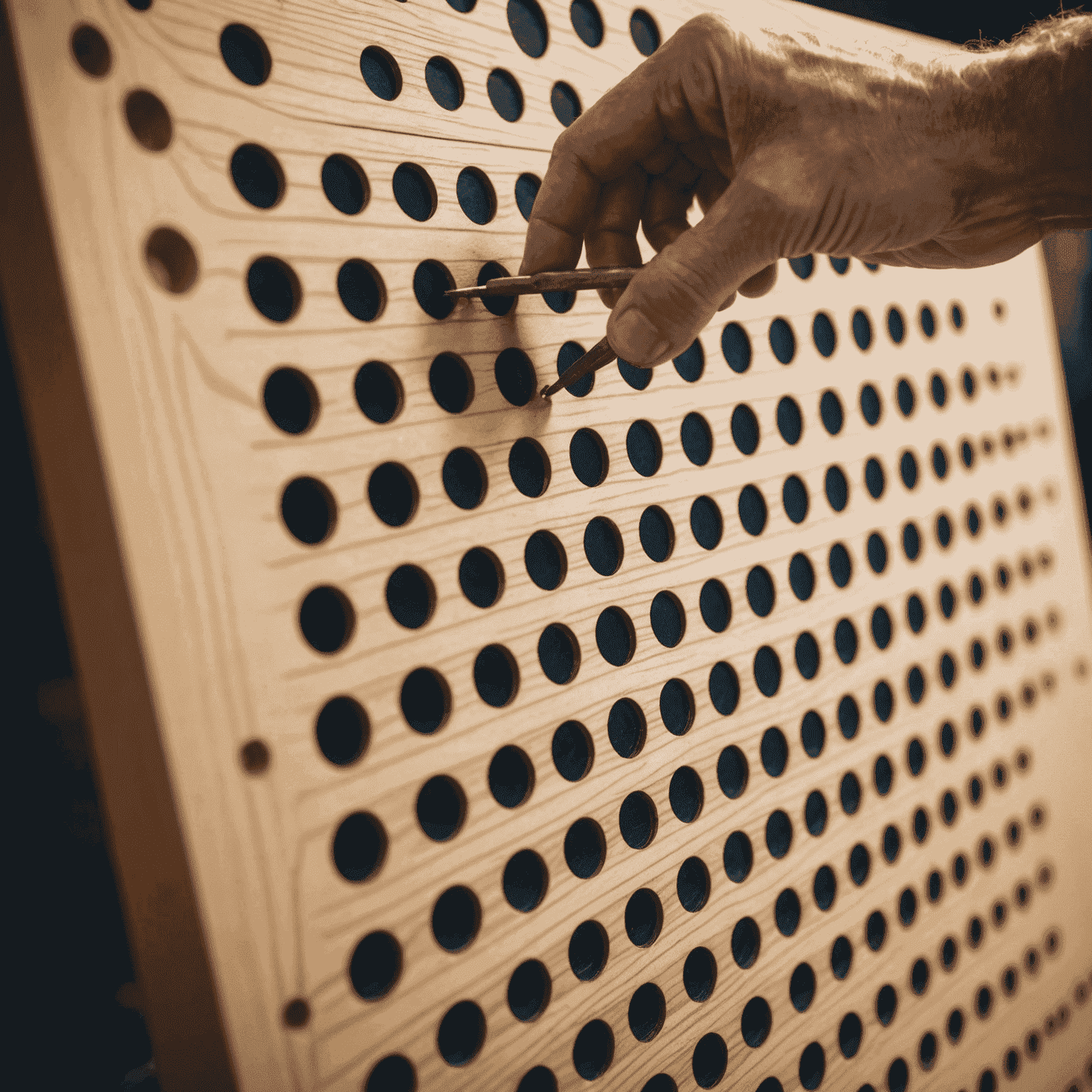 Close-up of a person drilling holes into the Plinko board, with marked grid visible