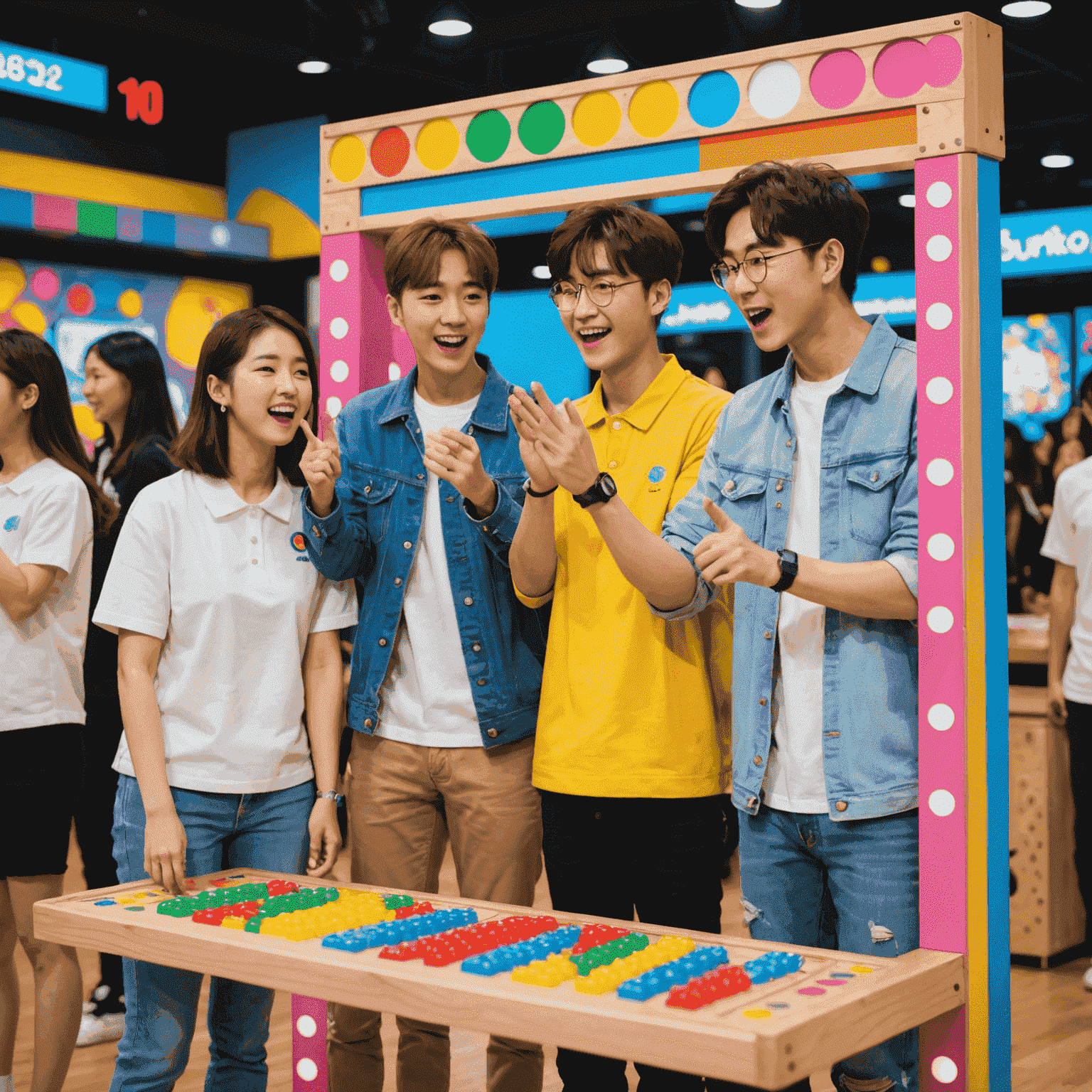 A group of young South Koreans playing a colorful K-pop themed Plinko game with enthusiasm