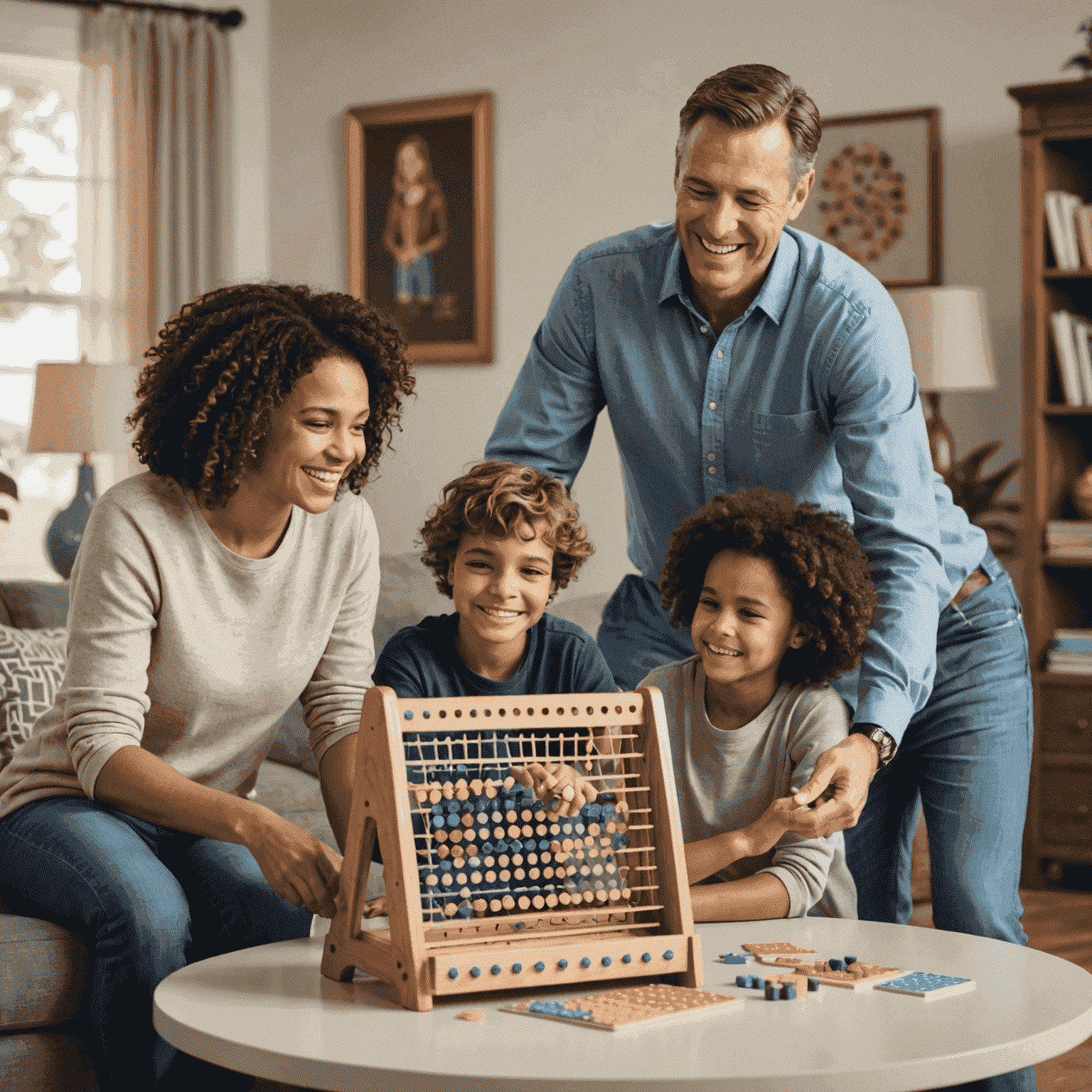 A family playing a tabletop version of Plinko, with smiling faces and a cozy living room setting