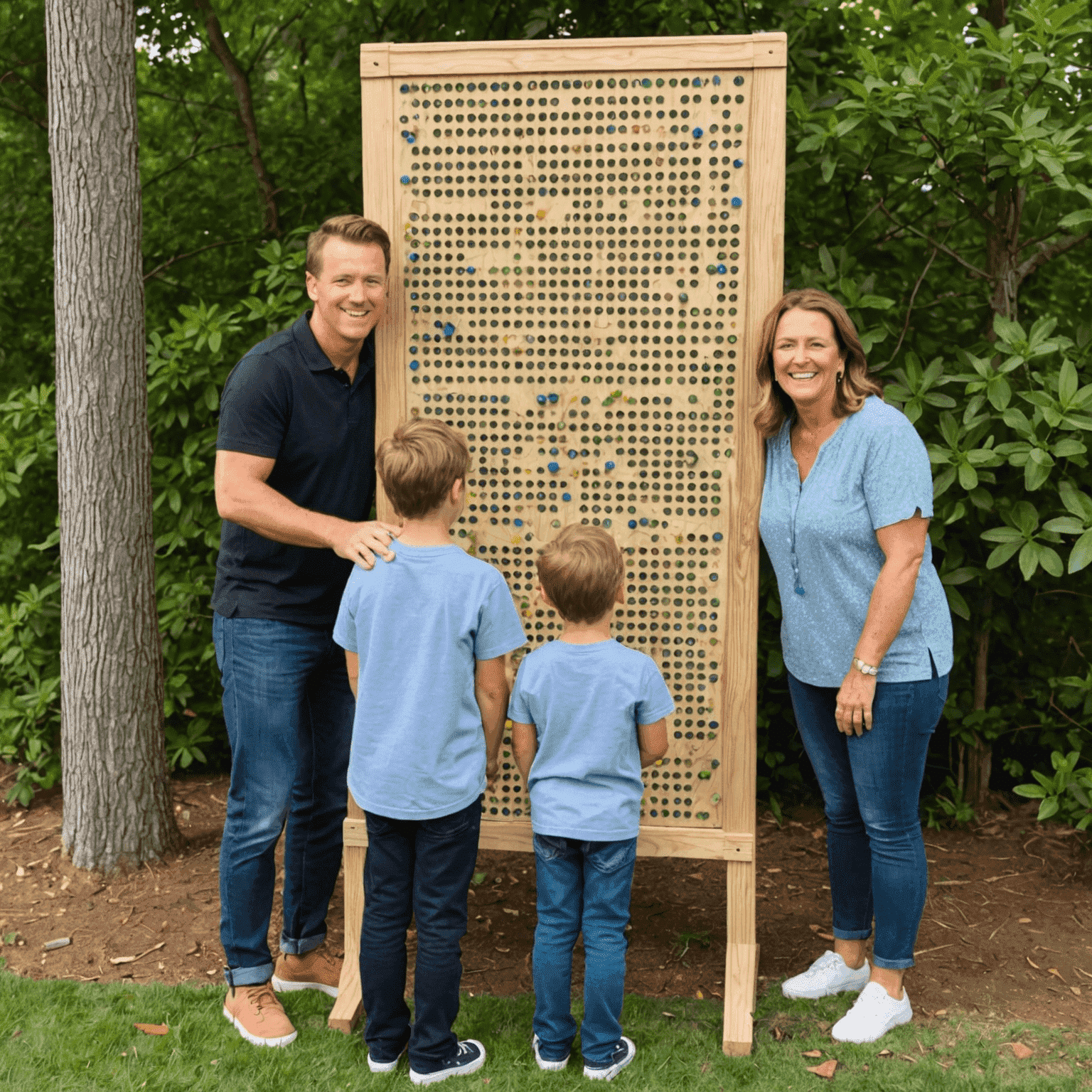 A family gathered around the completed DIY Plinko board, ready to play