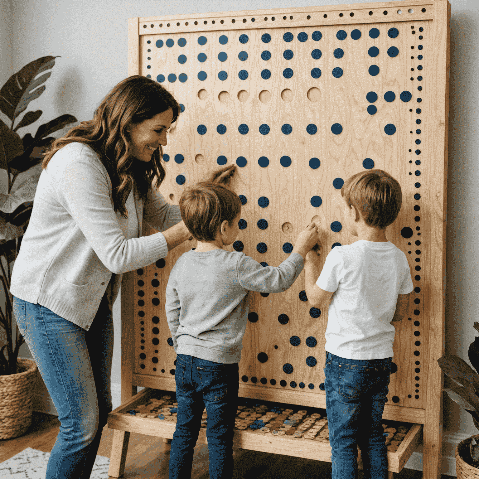 A family gathered around a homemade Plinko board, practicing their techniques together