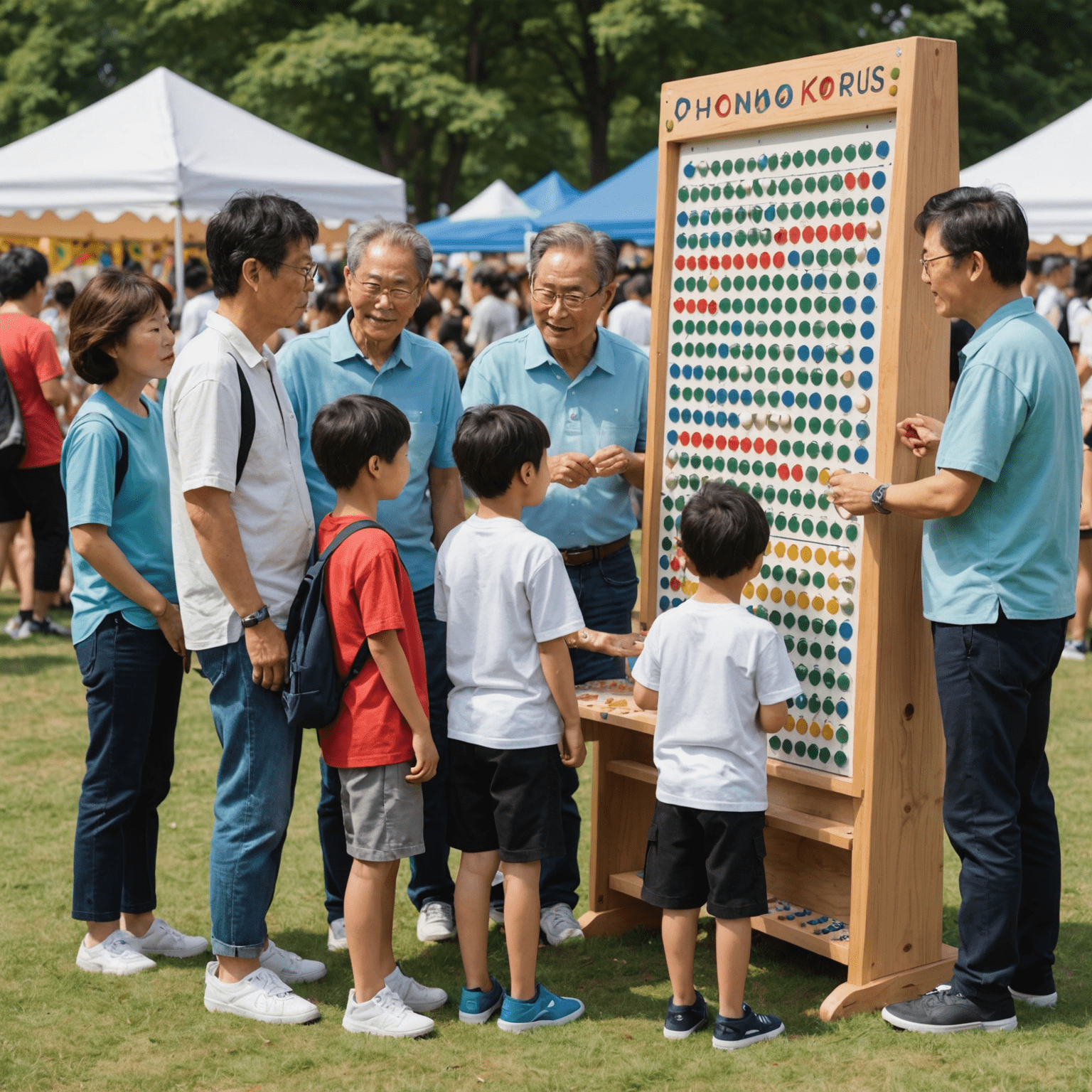 A diverse group of South Koreans of all ages gathered around a large Plinko board at a community festival